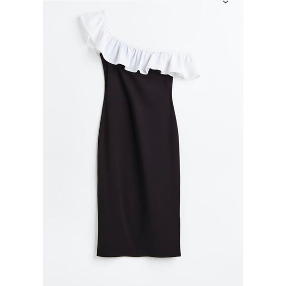H&M Flounced Off The Shoulder Dress Sz M Black White Sheath Stretch Coquette - Picture 1 of 10